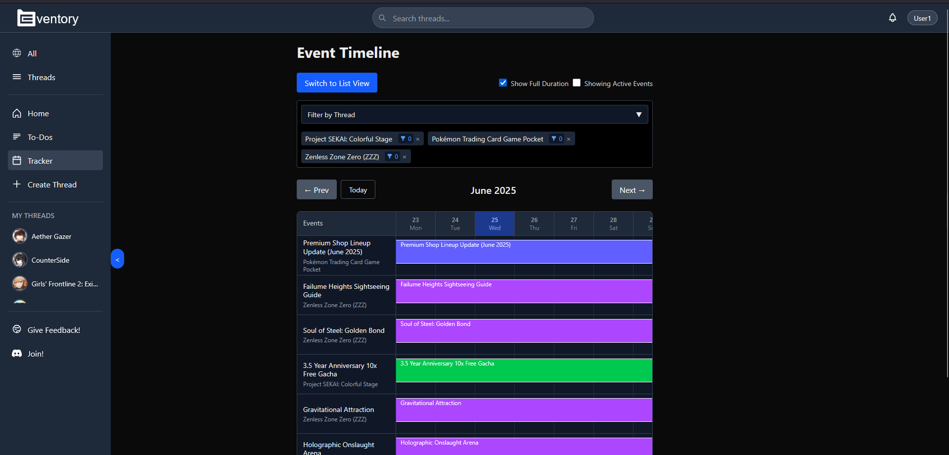 Feature: Track events across multiple games in one unified timeline calendar. Never miss limited-time events, raids, or seasonal content