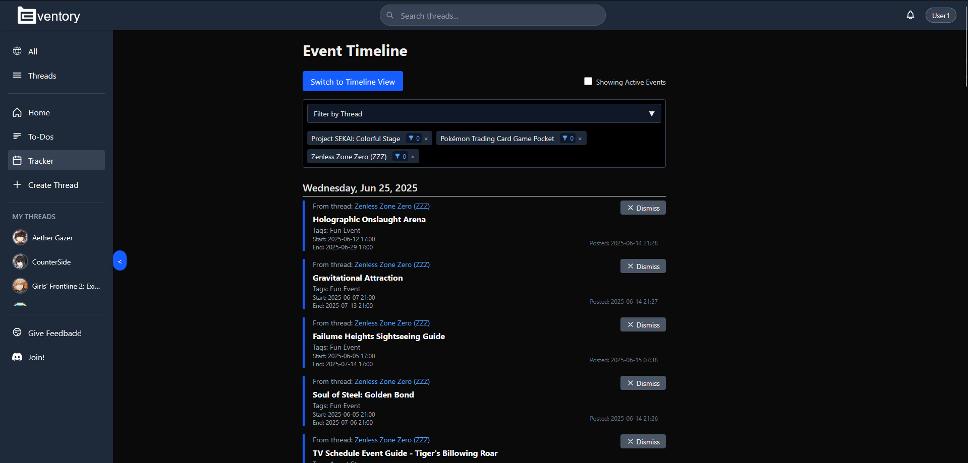 Feature: Visualize upcoming game events in a listed timeline with optional filtering by game and event type
